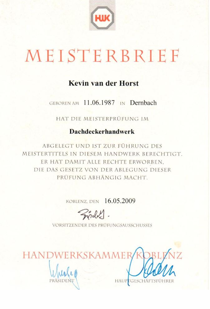Zertifikat Meisterbrief Kevin van der Horst