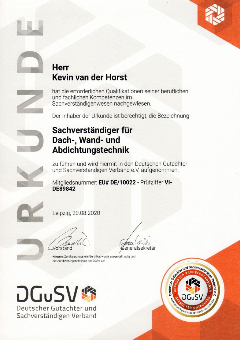 Zertifikat Sachverständiger Kevin van der Horst