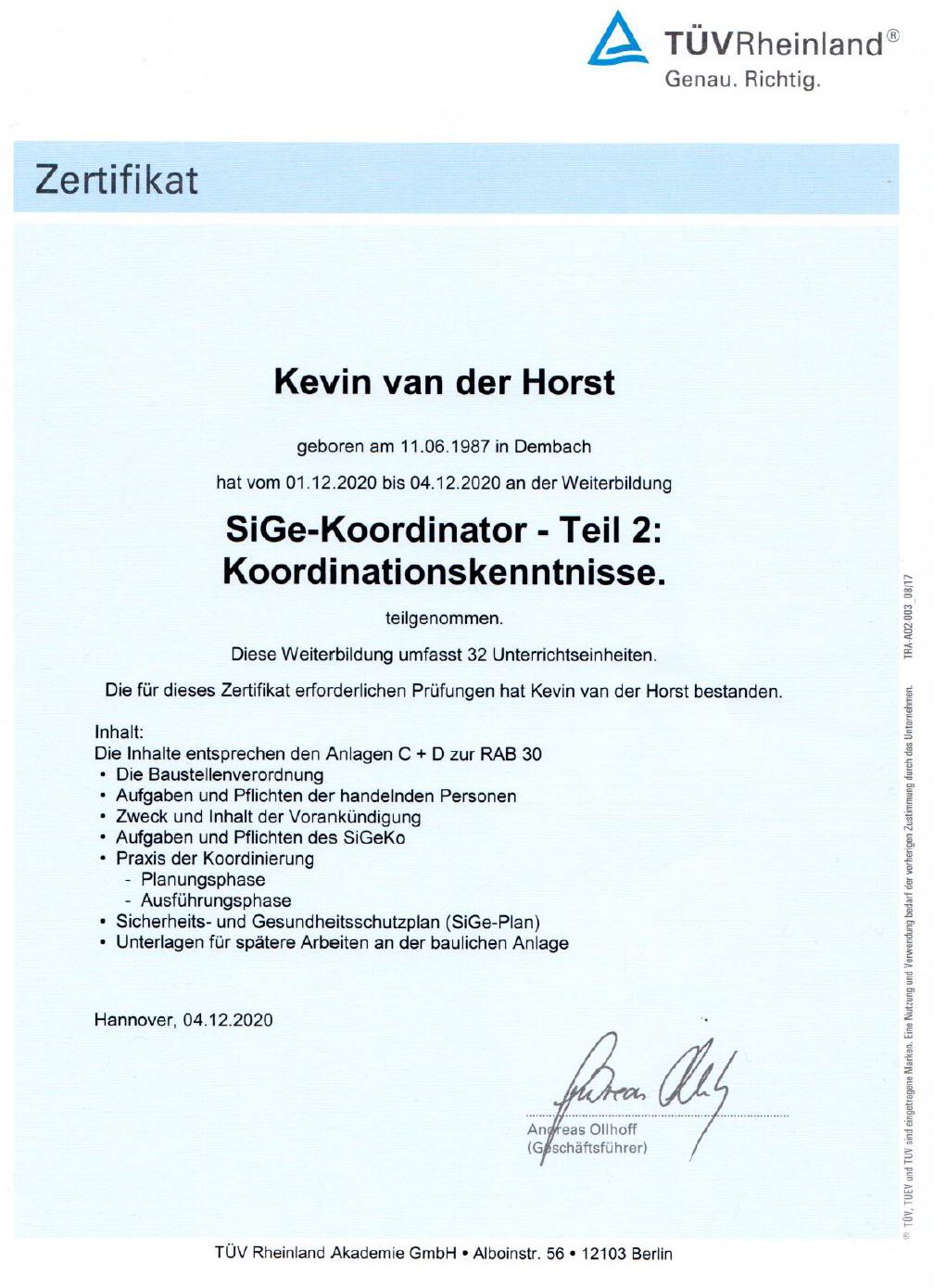 Zertifikat TÜV Kevin van der Horst